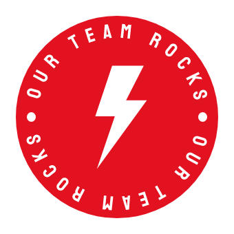 Red seal with lightning bolt in middle and circular text saying Our Team Rocks